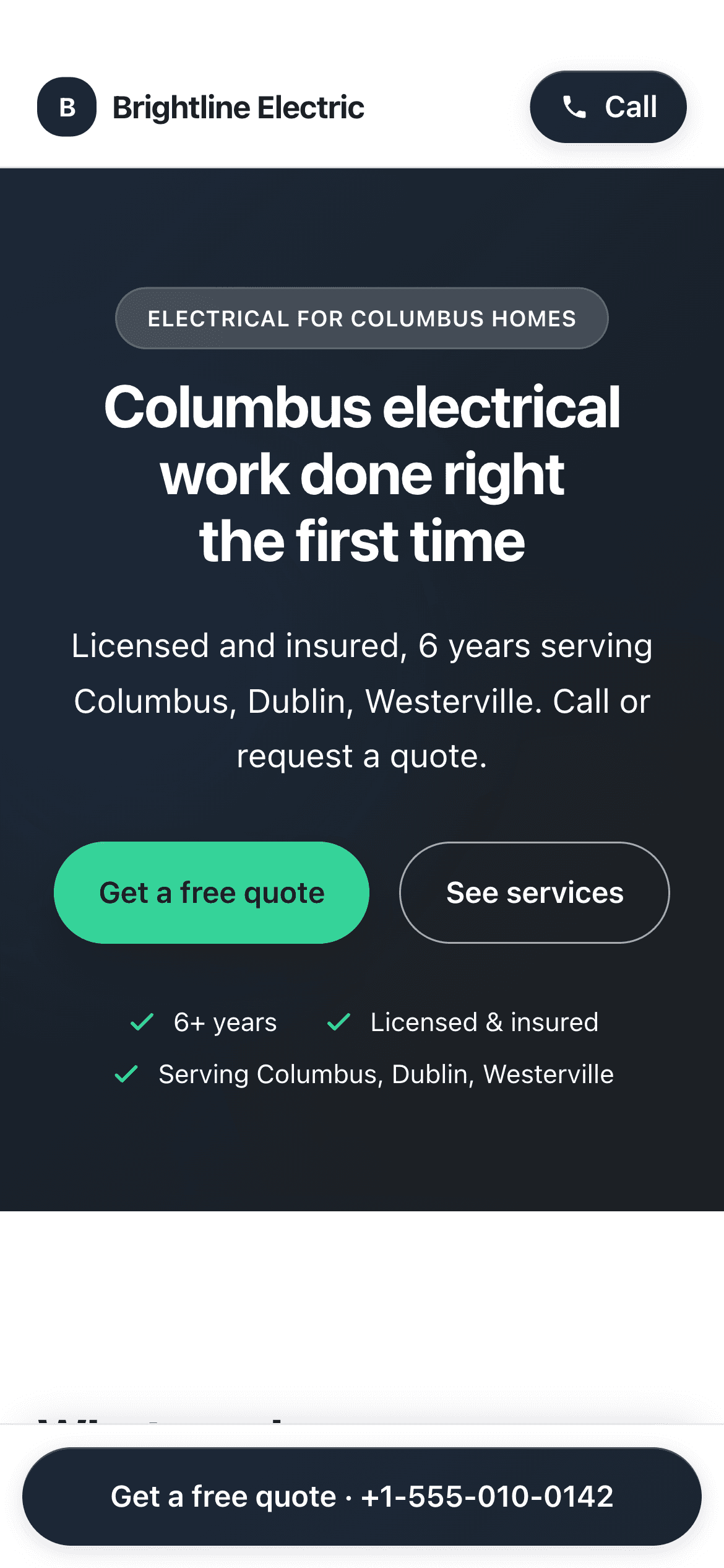 The same Brightline Electric home page on a phone, with a Call button in the header and a quote-and-call bar at the bottom.