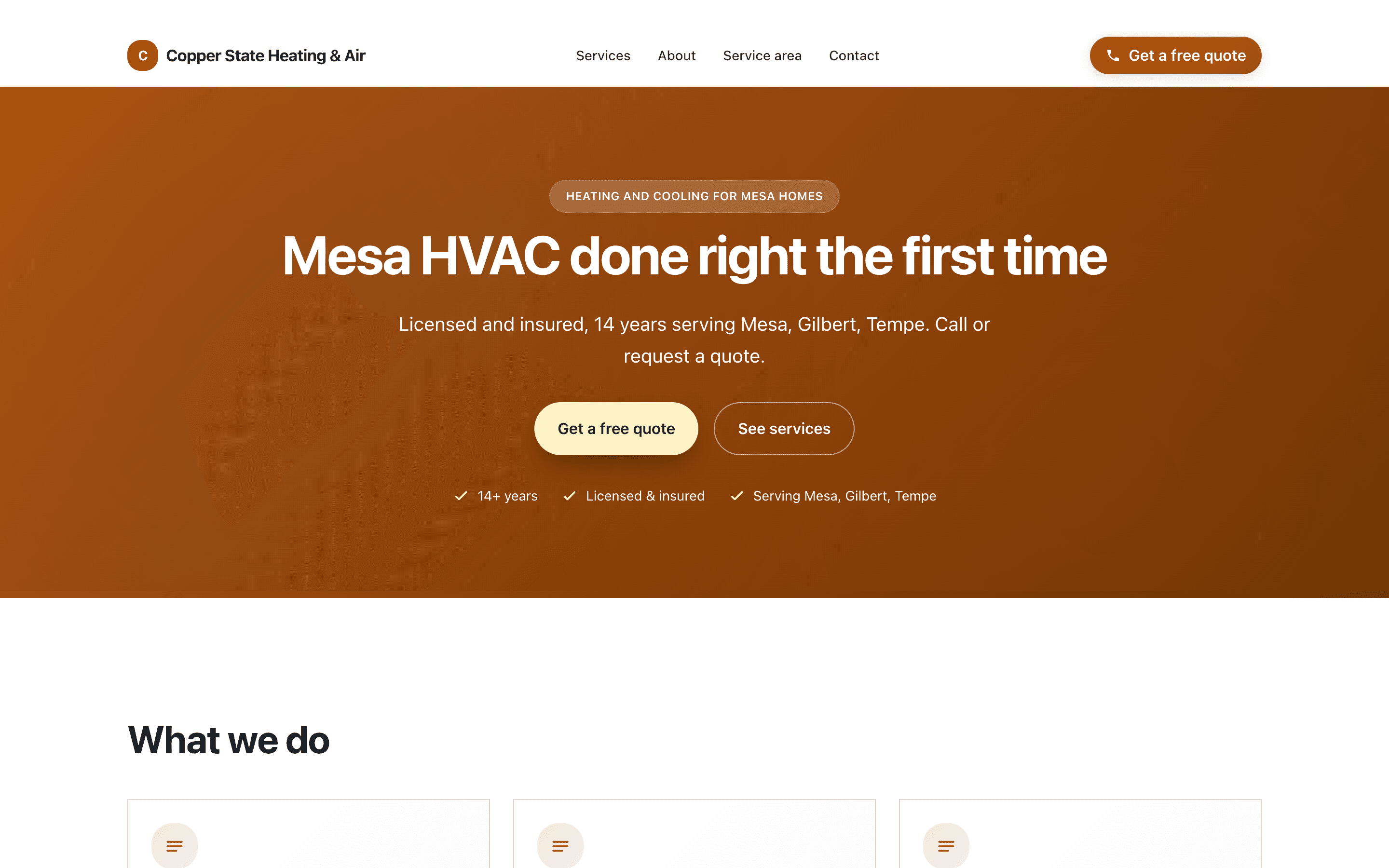 Home page of Copper State Heating & Air, a fictional sample HVAC business, as built by Fornax: a copper-toned hero reading 'Mesa HVAC done right the first time' with quote and services buttons.